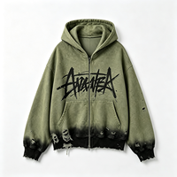Hoodie Zip Up Streetwear Dirty Spray Pria, Jaket Katun Tebal dengan Cetakan Grafiti Distressed, Oversized, Acid Wash, Grosir