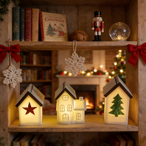 Case del Villaggio Natalizio in Ceramica Luminose - Decorazioni Luminose con Stella e Albero per Mensole Festive - Product Image 1