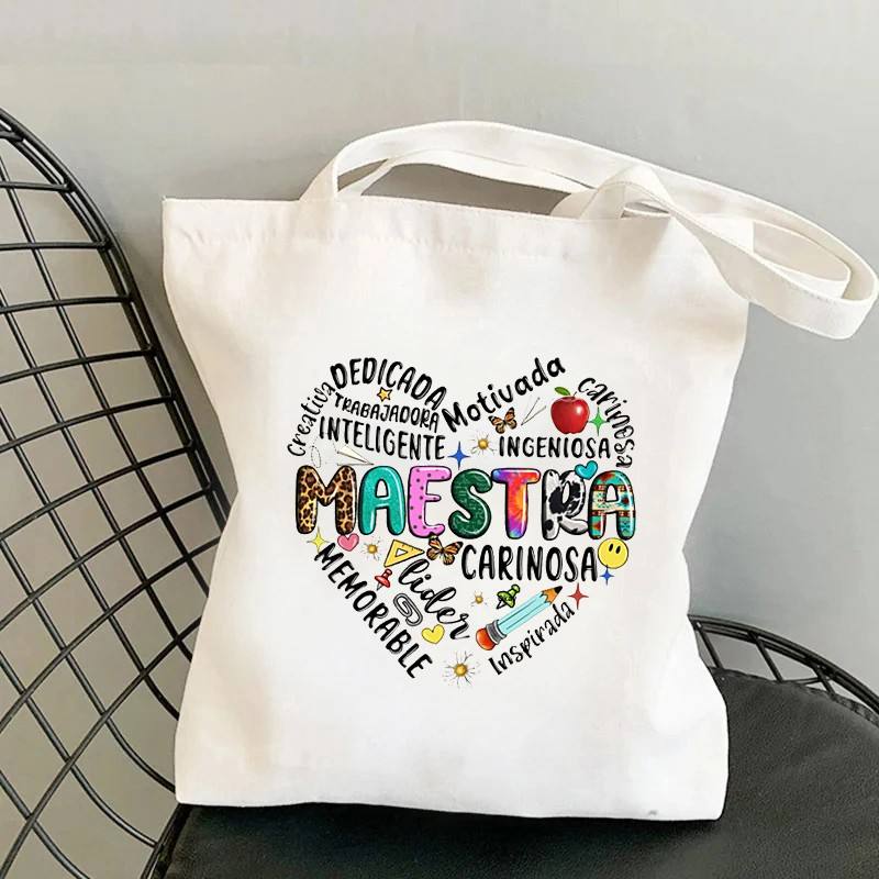 Maestra Spanish Teacher Canvas Tote Bag Set Colorful Rainbow Floral ...