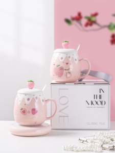 Birthday Gifts Lovely Pink Strawberry 460Ml 15Oz <b>Cold</b> Drinking <b>Cups</b> Coffee Tea Milk <b>Cup</b> Ceramic Mug With Lid and Spoon - Product Image 4