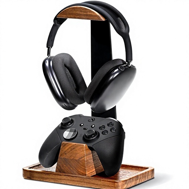Walnut Wood Gaming Headset Stand & Controller Holder with Storage Base-Made in China
