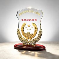 Trophée personnalisé en forme de bouclier, plaque en cristal, récompense souvenir en résine dorée en relief avec base en bois pour la commémoration et l'hommage