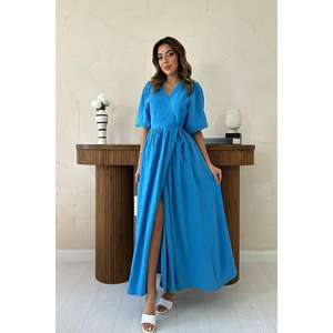 Vestido Largo de Muselina Azul, Cintura Elástica, Cuello Redondo, Corte Holgado, Transpirable, Tejido, Informal, para Uso Diario - Product Image 5