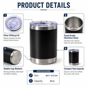 Gobelet isotherme en acier inoxydable de 10 oz avec logo personnalisé, mini-tasse à vin ou whisky isolée sous vide de 10 oz avec couvercle, vente en gros - Product Image 3