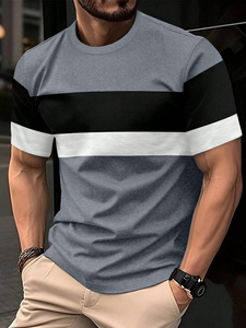 T-Shirt da Uomo in Maglia Lavata con Collo Tondo, Colore Grigio Mélange a Blocchi di Colore e Righe - Vestibilità Ampia, Manica Corta Formale - Product Image 2