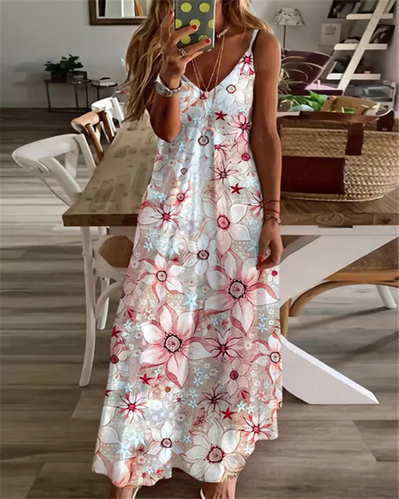 2022 new European and American v-neck fashion printed loose suspender women's dress