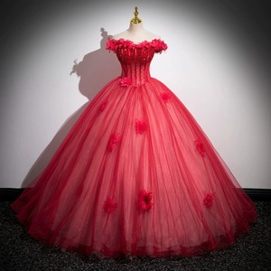 Red Off Shoulder Ball Gown Dress Floral Tulle Skirt Performance Attire Host Vocal Exam Annual Meeting Dress - Product Image 1