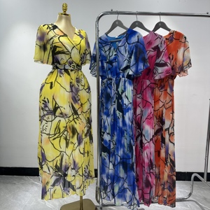 Nuovo <span class=keywords><strong>Abito</strong></span> Lungo Casual in Chiffon Stampato a Maniche Corte, Leggero e Traspirante, Ideale per Abbigliamento Femminile in Picnic e Raduni - Product Image 1