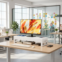 Rehausseur d'écran blanc élégant de 70 cm avec tiroirs dissimulés et station de charge tout-en-un pour ordinateur de bureau