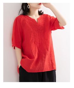 Camicia estiva in <span class=keywords><strong>lino</strong></span> di cotone con scollo a v M-3XL Art Pullover allentato <span class=keywords><strong>t</strong></span>-<span class=keywords><strong>Shirt</strong></span> a maniche corte ricamata Top ricamato da <span class=keywords><strong>donna</strong></span> - Product Image 5