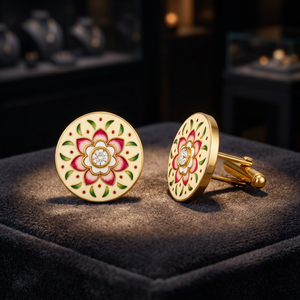 Boutons de manchette Mandala floral, peints à la main, en laiton émaillé, plaqué or, pour mariage, anniversaire, unisexe - Product Image 5