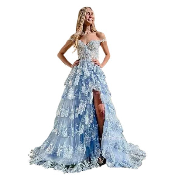 sachin and babi light blue dress Soft, romantic and effortlessly elegant 💙✨, This beautiful  off-the-shoulder A-line chiffon dress in powder blue features delicate 3D  floral appliqués at the waistband and a flowing pleated skirt main image 1