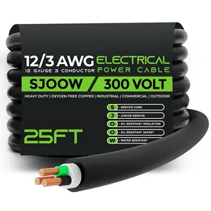 25FT 12/3 12 AWG Portable Power Cable SJOOW 300V 12 Gauge Electric Wire for Motor Leads, Portable Lights, Battery Chargers