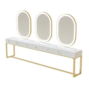 Modern luxury marble top gold legs mirrored console hair beauty salon equipment make up table two-way mirrors with LED light