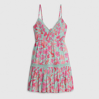 Concevez votre propre robe de plage mini en viscose à col en V sans manches à volants floraux, robe de plage mini personnalisée OEM