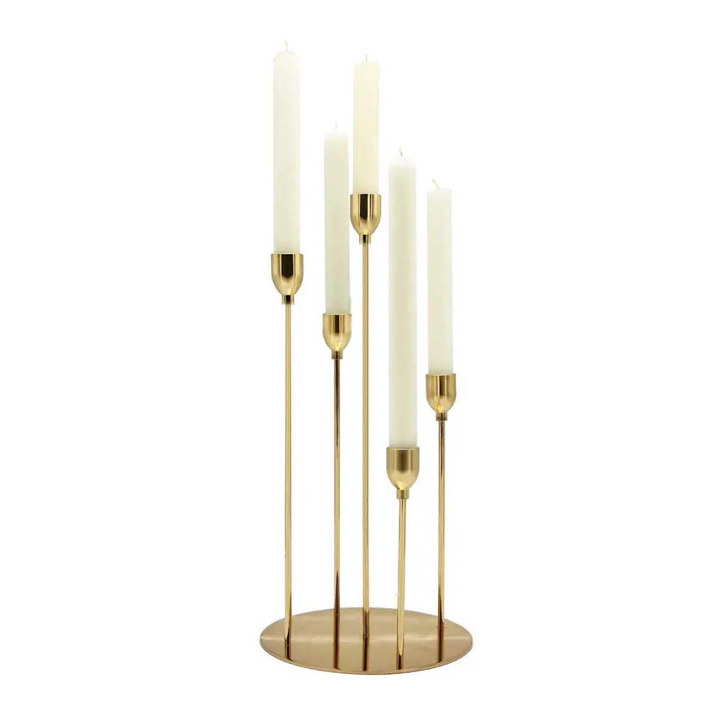 Centrotavola candeliere in metallo a 5 bracci in oro rosa con candeliere per la decorazione del tavolo da pranzo di nozze di natale