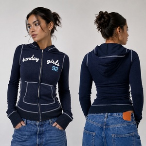 Chaqueta con capucha azul para mujer, estilo urbano, con costuras en contraste, con cremallera, nueva colección de otoño, informal, de manga larga, abrigo. - Product Image 1
