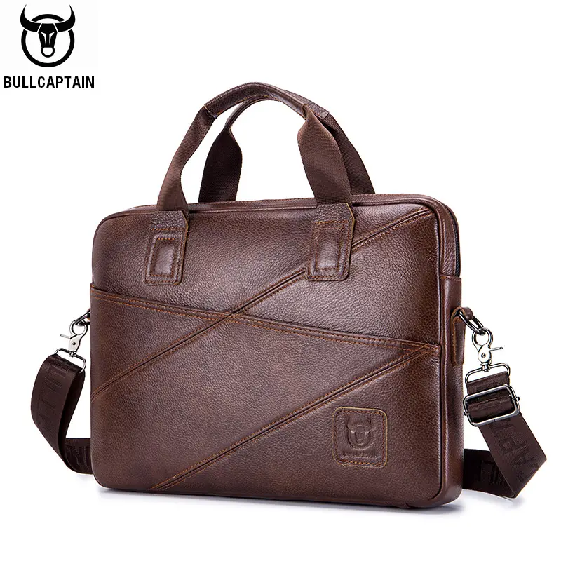 BULLCAPTAIN 15-inch Retro Handmade Leather Messenger Bag Laptop Briefcase Computer Briefcase Men Dark Brown And Black