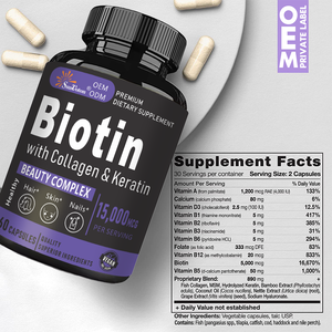 ราคาขายส่ง บรรจุภัณฑ์แบบกำหนดเอง ไบโอตินผสมคอลลาเจนและเคราติน แคปซูลเสริมความงามเพื่อสุขภาพผมและเล็บ 60 แคปซูล - Product Image 6
