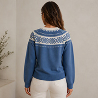 Pull ras du cou jacquard Fair Isle bleu nordique pour femme, coupe décontractée, tricoté avec bordure côtelée, OEM/ODM