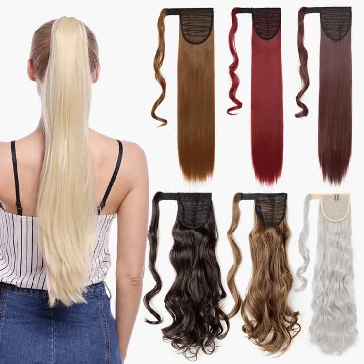 24 "26'' lange clip in wrap um pferdeschwanz ombre blonde haar extensions synthetische faser pony schwanz haarteil für frauen