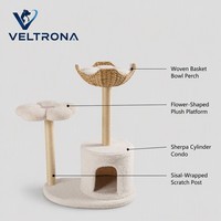 Arbre à chat moderne en forme de fleur avec condo en peluche, poteau en sisal, panier, gamelle et perchoir, mobilier d'escalade d'intérieur, vente en gros