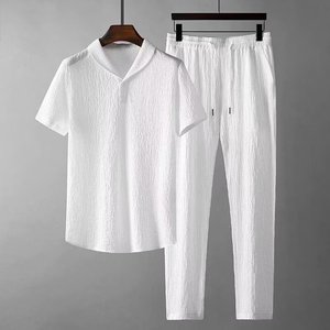 Regalos IStapromo, Trajes de 2 Piezas para Hombre, Camiseta de Manga Corta + Pantalones Largos, Cuello Polo de Color Sólido, Botones, Cintura Elástica - Product Image 2