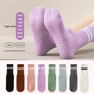 Nouvelles chaussettes de sport pour femmes, à double barre, hautes, antidérapantes, avec colle, pour le yoga en salle, mi-mollet, Pilates, rayées, en polyester - Product Image 3