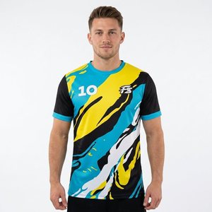 <span class=keywords><strong>เสื้อ</strong></span>หลายสีสดใส<span class=keywords><strong>เสื้อ</strong></span>ฟุตบอลศิลปะของเหลวสาดเสื้อฟุตบอลสีเหลืองฟ้าแบบแอบสแตรก - Product Image 1