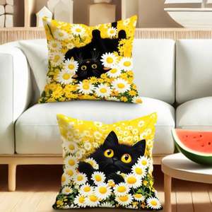 Funda de Almohada Decorativa con Diseño de Gato Negro y Flores, para Sofá, Decoración de Muebles, Impresión Primaveral - Product Image 3