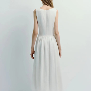 เดรสยาวทรงเอ สไตล์วินเทจ สำหรับผู้หญิง ใส่สบายในฤดูร้อน ระบายอากาศได้ดี สีพื้น ไหล่เปลือย แขนกุด แต่งกระดุม - Product Image 6