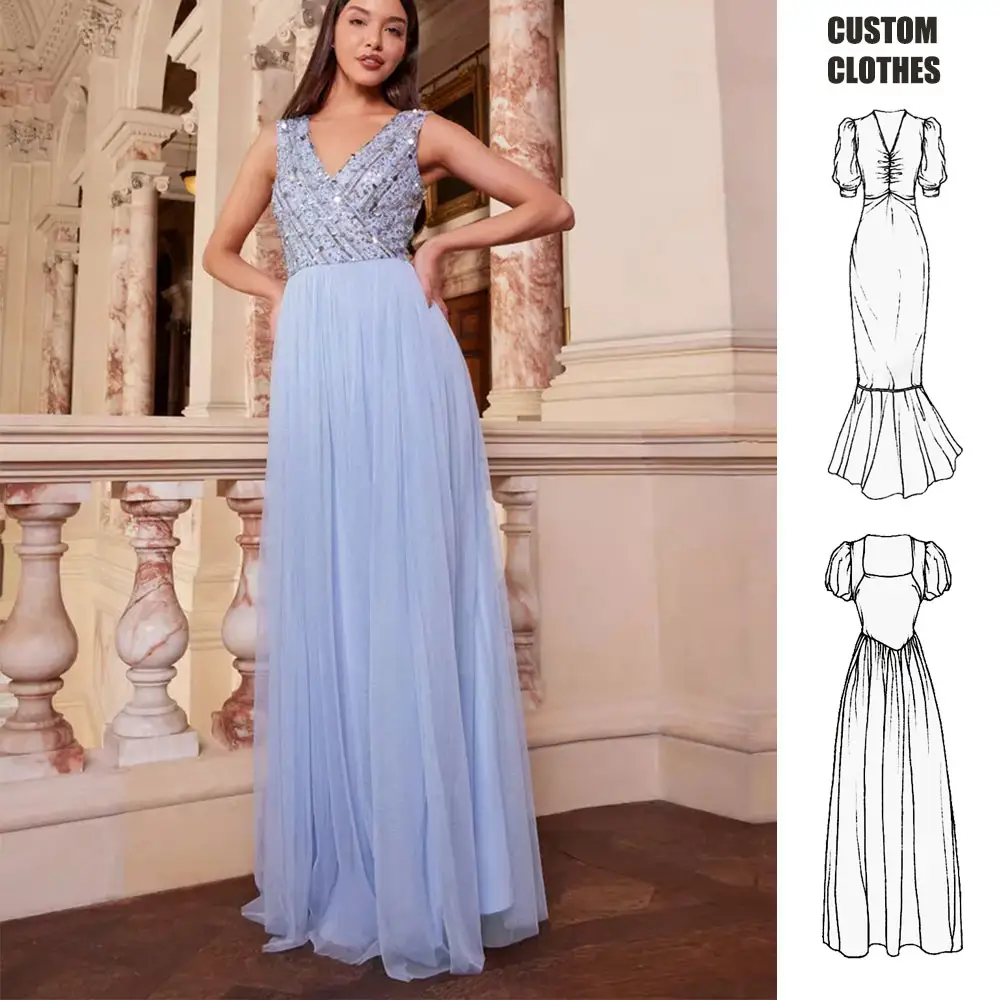 Tùy Chỉnh Mùa Hè Prom Ăn Mặc Dài Buổi Tối Áo Cap Tay Áo V Cổ Sequin Voan Tăng Phù Dâu Màu Xanh Dresses Phụ Nữ