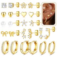 Set Anting Wanita Bahan Stainless Steel Lapis Perak/Emas, Hipoalergenik, Zirkon, Bentuk Hati, Pita, Bunga, Bintang, Stud, Anting Mini Hoop