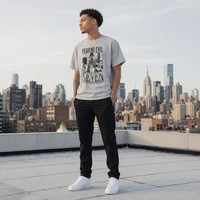 T-shirt graphique gris clair 100% coton, imprimé Fear No Evil, Never Ever Collage 247 Seven, streetwear surdimensionné, 300g Metour