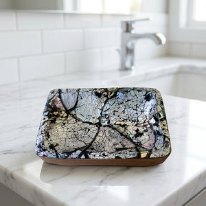 Porte-savon rectangulaire en mosaïque indonésienne fait main, base en bois, surface brillante multicolore, décoration de luxe pour la maison, hôtels, style bohème - Product Image 1