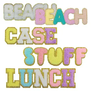 Bügeln auf farbige feine goldene Pulverkante chenille Wörter Hülle Zeug Mittagessen Strand Wörter Patch für Kleidung Tasche Dekoration