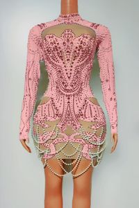 AD2489 Kimshein时尚长袖迷你连衣裙奢华珍珠舞会礼服钻石水钻水晶派对礼服 - Product Image 5