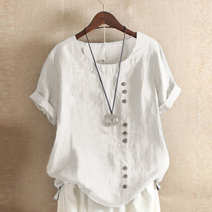 Atasan Linen Wanita Ukuran Besar 5XL Lengan Pendek Model Longgar, Kemeja Terlaris 2024, Blus Santai Kancing Retro Warna Solid untuk Wanita - Product Image 3