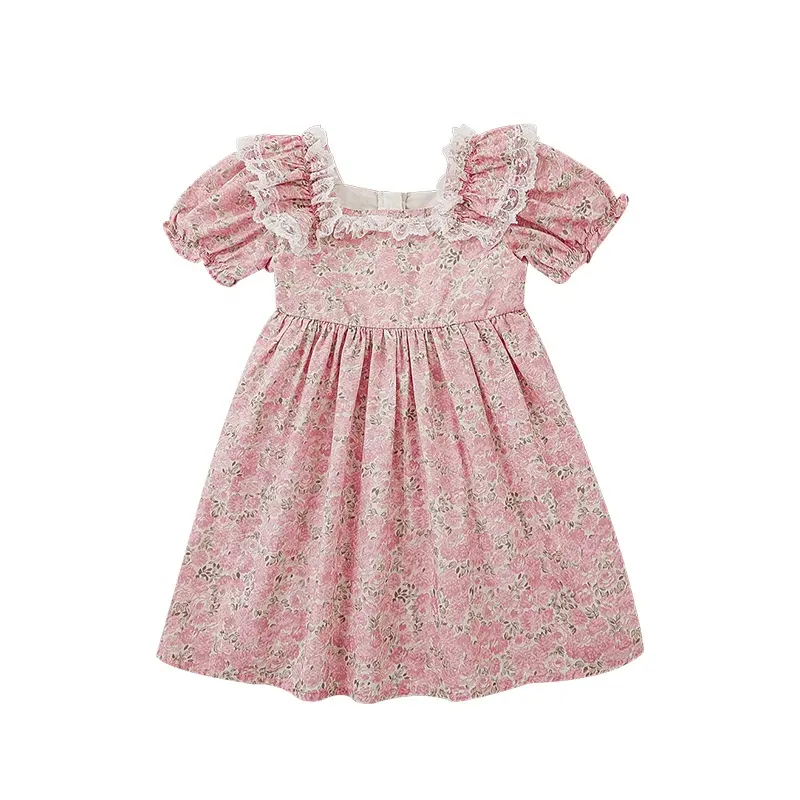 YOEHYAUL Pink Floral Print 100%Cotton Lace Kids Cute Dress For Girls Casual Summer Sweet Baby Frock Design Girl Dress