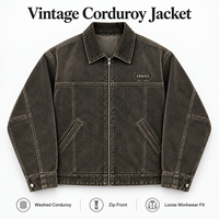 Vestes zippées pour hommes, style camionneur américain vintage, personnalisées, streetwear de travail, délavées à l'acide, coupe ample, avec logo patch, en velours côtelé