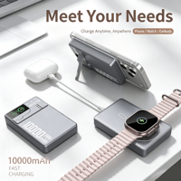 Chargeur sans fil magnétique 3 en 1 portable 5000mAh/10000mAh en alliage d'aluminium, support de téléphone, batterie externe avec affichage LED de charge rapide