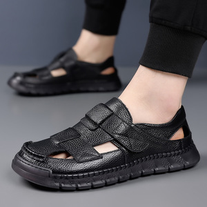 Men's Genuine Leather <b>Closed</b> <b>Toe</b> Flat <b>Sandals</b> Hook Loop Breathable Summer Casual Outdoor Driving Beach Shoes - Product Image 3