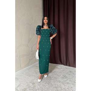 Vestido de noche de satén esmeralda con abertura y manga abullonada, cintura natural - Product Image 4