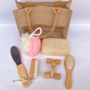 Ensemble de bain Spa de nettoyage de la peau du corps emballé dans un sac en lin comprenant une éponge de bain, des outils de pédicure pour les ongles des pieds, une <span class=keywords><strong>brosse</strong></span> à <span class=keywords><strong>cheveux</strong></span>, un rouleau de massage en bois - Product Image 1