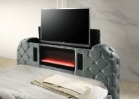 Graues Modernes Kunstleder-Doppelbett mit LED-Kamin TV-Ständer & Stauraum Umweltfreundlich