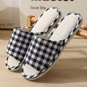 All Seasons Women Men Anti-Slip Checkered Linen Midsole Korean Style Open Toe Indoor <b>Slipper</b> - Product Image 5