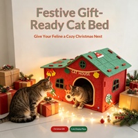 Vente en gros usine : Lit pour animaux en feutre de Noël pour chats et chiens, villa pour chat semi-fermée, chaude pour l'hiver, grande taille