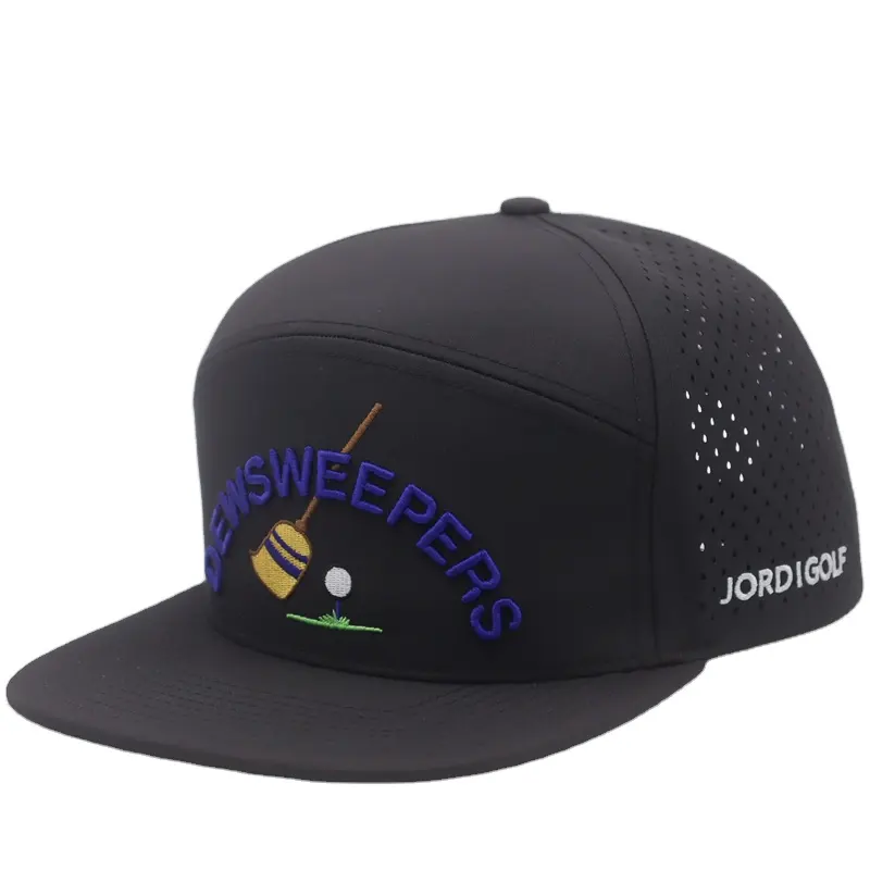 หมวกตัดเลเซอร์5แผงแบบกำหนดเอง,หมวกเจาะรูแบบแบนสีดำหมวกกอล์ฟปักโลโก้กันน้ำ