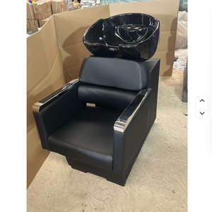 Station de lavage de cheveux pour salon de beauté et barbier, avec bac inclinable en céramique blanc et noir et siège réglable - Product Image 6