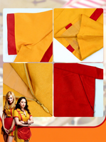 Costume de serveuse de restaurant rétro pour femmes, déguisement d'Halloween, tablier rayé jaune et rouge vintage avec poche, uniforme sexy pour adultes, robe de fête cosplay